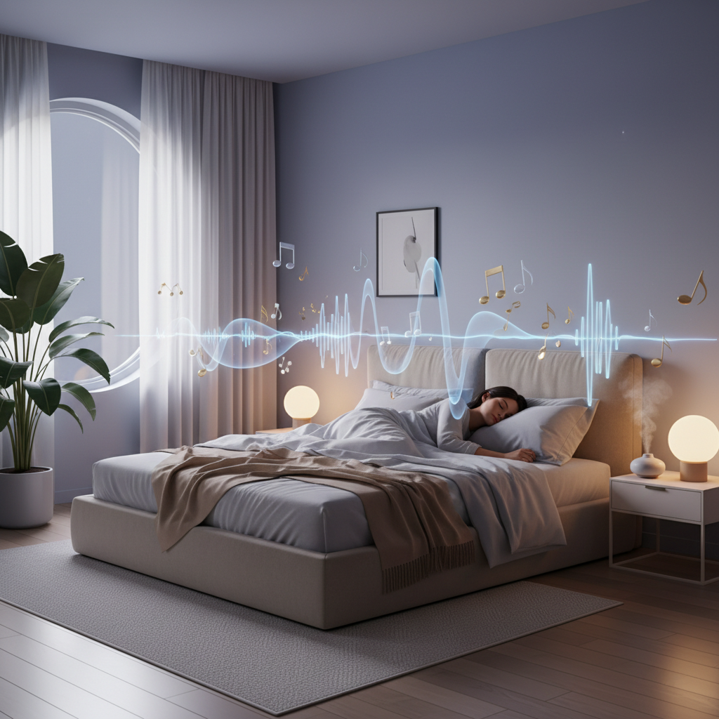 Peaceful sleep scene with musical notes and sound waves for music therapy